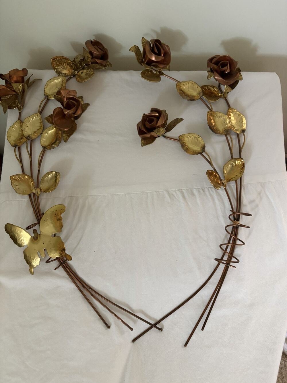 Vintage Brass Metal Wall Hangings Copper Roses Butterfly MCM 19.5" Set of 2